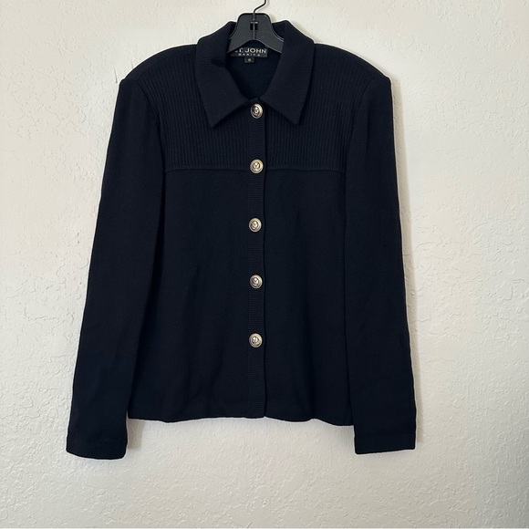 St. John 2 Piece Black Knit Santana Collard Sweater Skirt Set - Picture 2 of 10